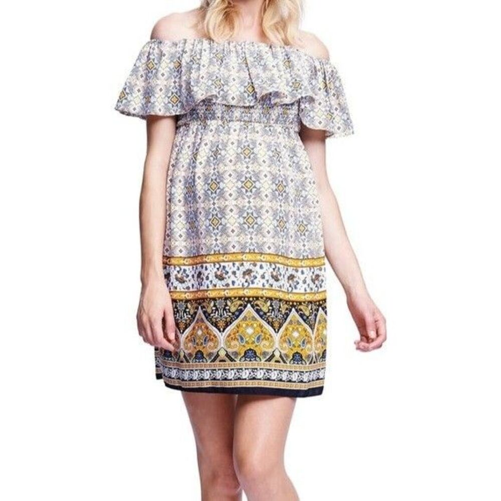 Maternal America Dress Medium Boho Chic Ruffled Off Shoulder Smocked Bodice